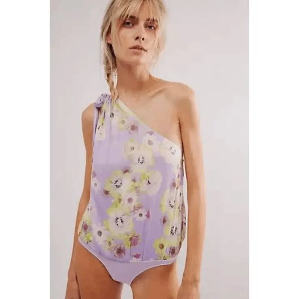 Free People Lavender One Shoulder Floral Silky Tie Shoulder Bodysuit Small NWOT